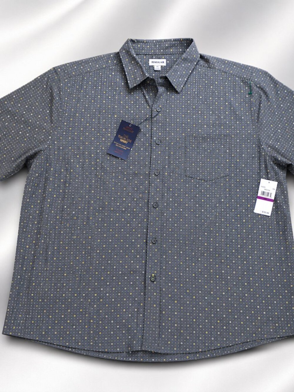 Haggar Men's Gray Yellow Geometric Cotton Button Front Short Sleeve Shirt XXL